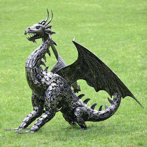 Dragon Statue with Curly Tail Iron Sculpture